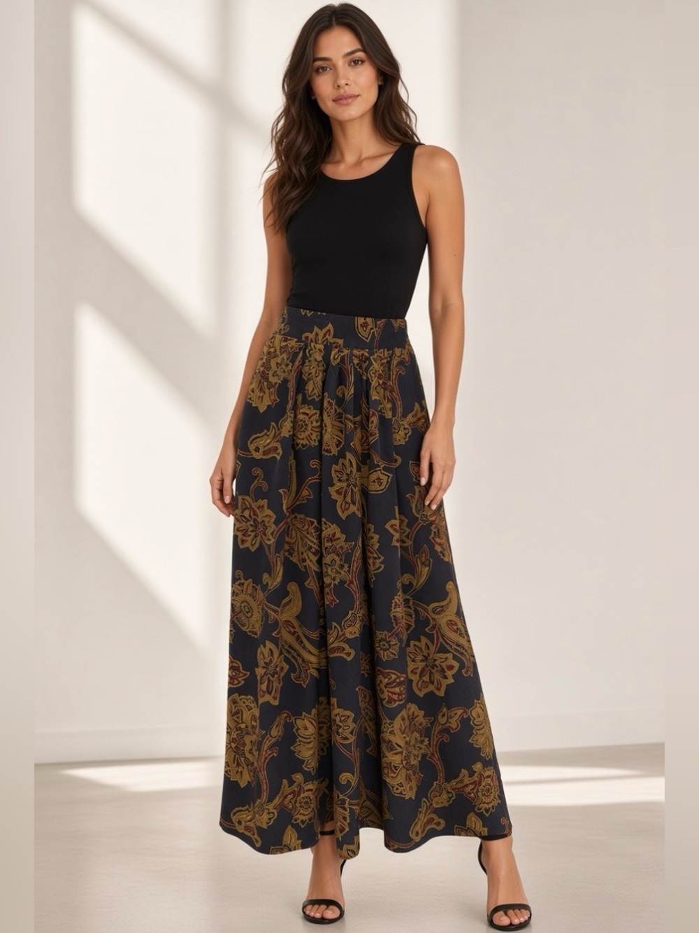Vintage Jones New York 100% Silk Paisley Midi Skirt | Deep Navy Gold Maroon